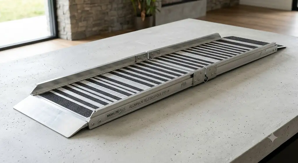 Rampe télescopique en aluminium pour fauteuil roulant posée sur une surface plane. (rampe télescopique fauteuil roulant)