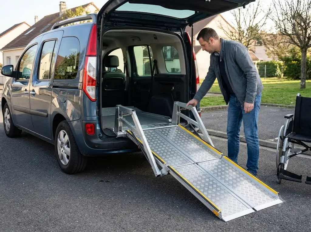 Installation d'une rampe d'accès pour véhicule PMR pliable en aluminium à l'arrière d'un ludospace
