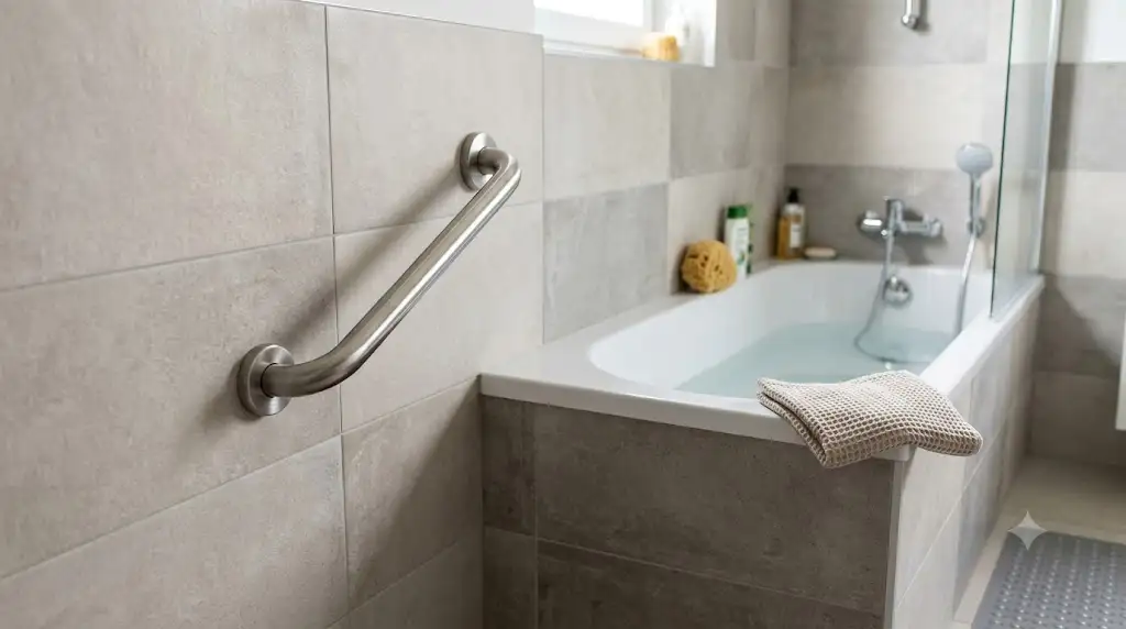 Barre d'appui pour baignoire en inox chromé fixée au mur d'une salle de bain moderne pour sécuriser l'accès au bain
