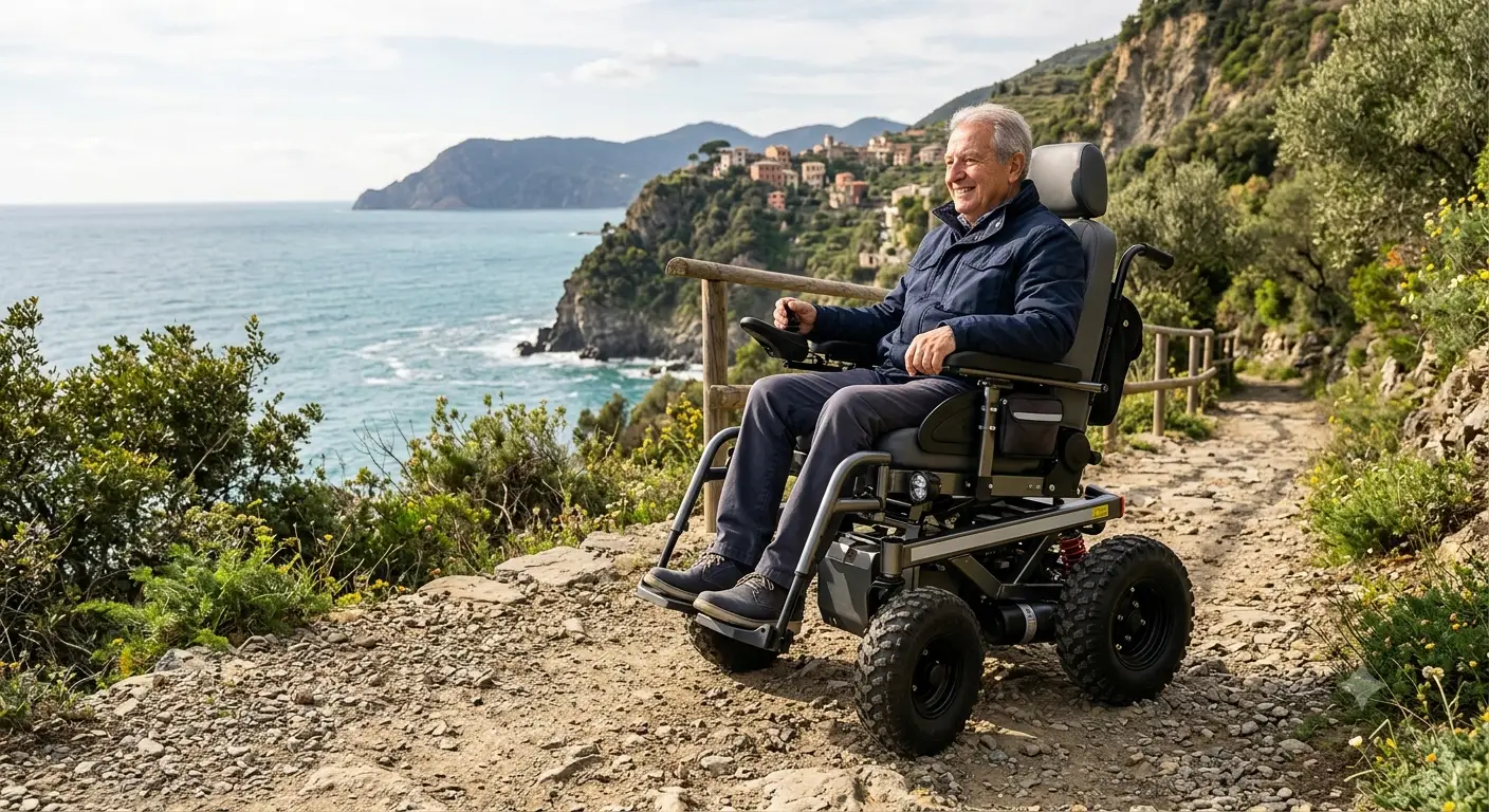 Carrozzina elettrica da esterno per disabili e anziani con struttura robusta e ruote tassellate