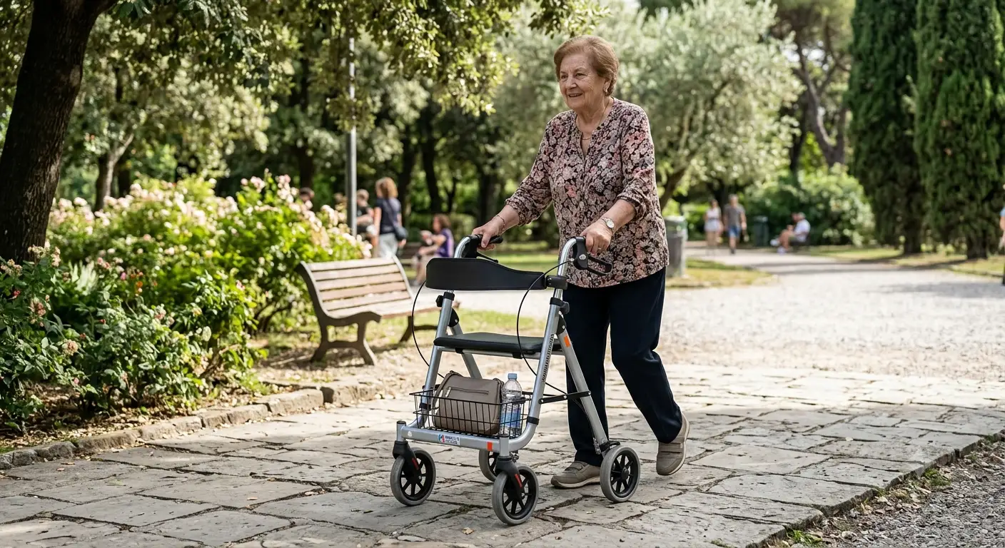 Illustrazione di un deambulatore regolabile in altezza per anziani e persone con mobilita ridotta.