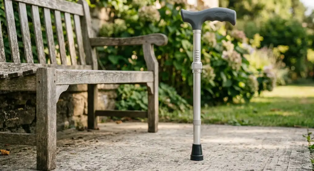 Canne de marche pliante en aluminium anodisé avec poignée ergonomique et bague de réglage en hauteur.