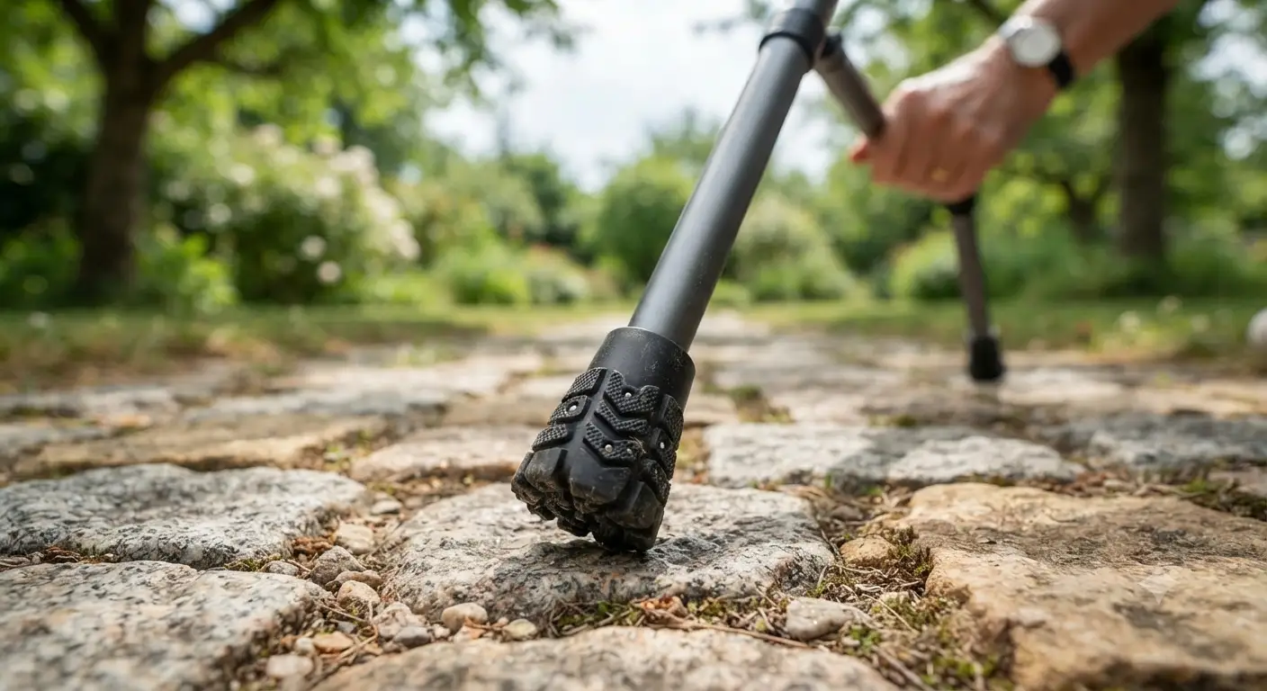 Embout de canne antidérapant installé sur une canne de marche pour assurer la sécurité en extérieur