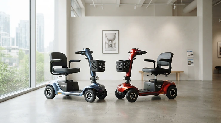 Esposizione di diversi modelli di scooter drive medical con focus su qualita prezzo e design