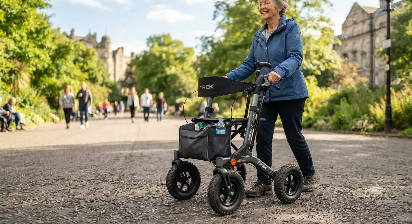 Rollator da esterno con ruote grandi e robuste ideale per camminare su asfalto e marciapiedi in sicurezza.