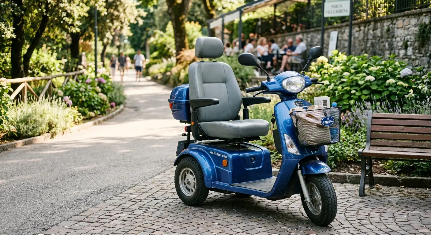Scooter elettrico 3 ruote per anziani e disabili parcheggiato all'aperto
