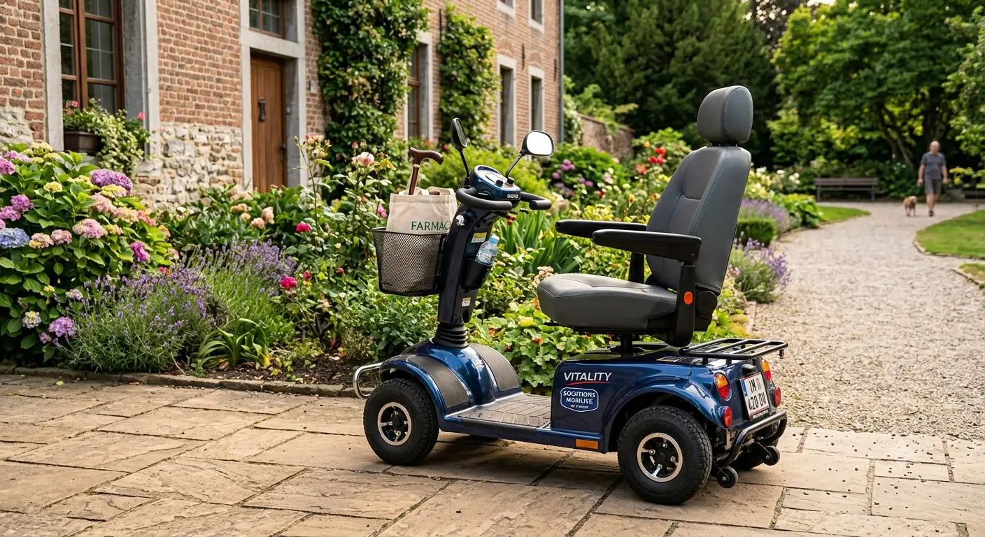 Scooter elettrico a 4 ruote per anziani e disabili parcheggiato all'aperto