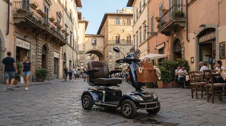 Primo piano di uno scooter elettrico premium di lusso parcheggiato in un elegante viale cittadino italiano