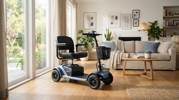 Un pratico scooter tga pieghevole pronto per l'uso all'interno di un luminoso soggiorno domestico